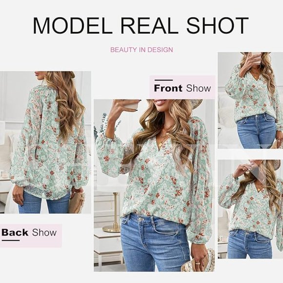 Women's Casual Boho Floral Print V Neck Long Sleeve Loose Blouse Shirts Top - Picture 4 of 4